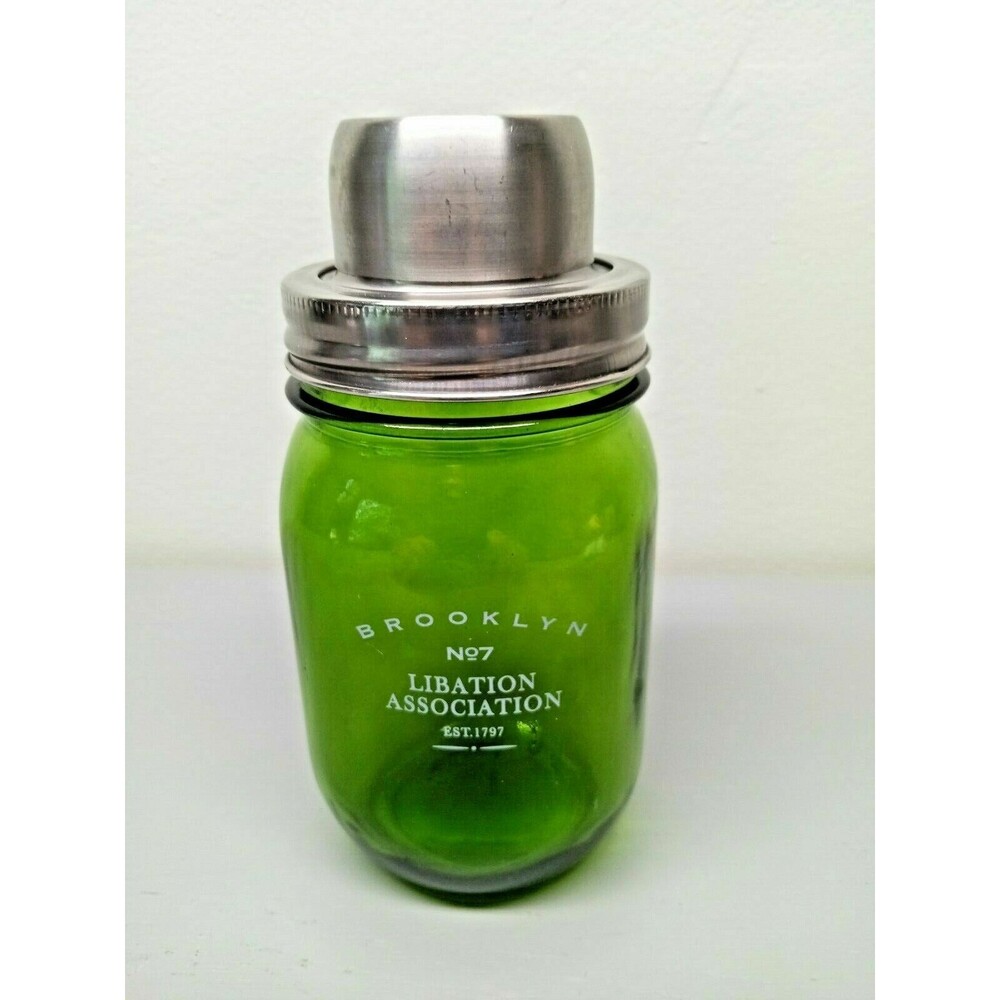 Brooklyn No7 Libation Assc. Green Glass Jar Shaker Mixer Cup 6-1/2" tall Unused